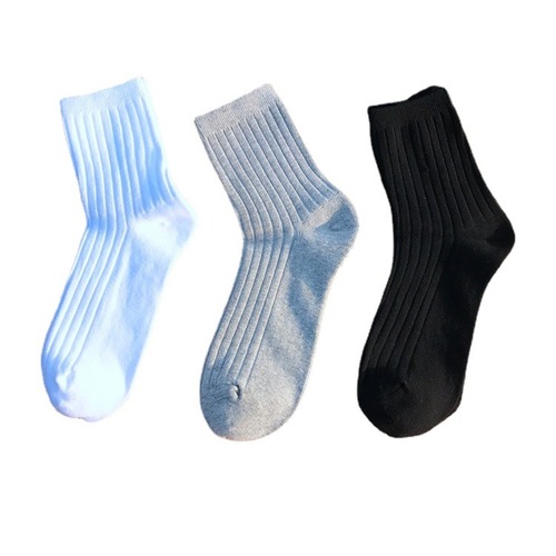 Pure Color Black and White Middle Calf Vertical Stripes Versatile Hong Kong Style Trendy Socks Spring and Autumn Trendy Men's Versatile Business with Leather Shoes Sports