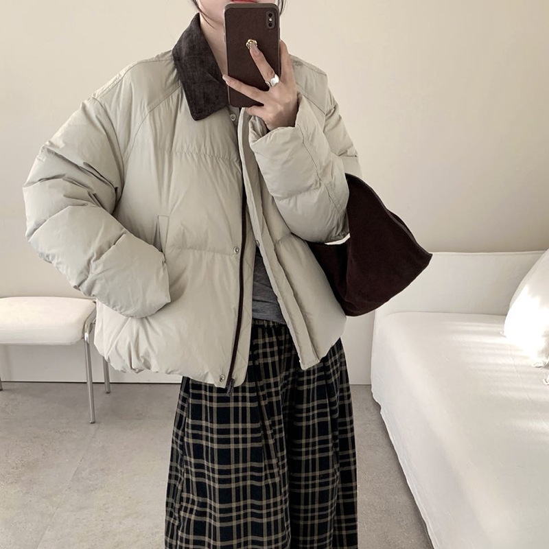 Korean Style 90 White Duck down Corduroy Collar down Jacket Women's Short 2025 Winter New Sweet Little Bread Jacket