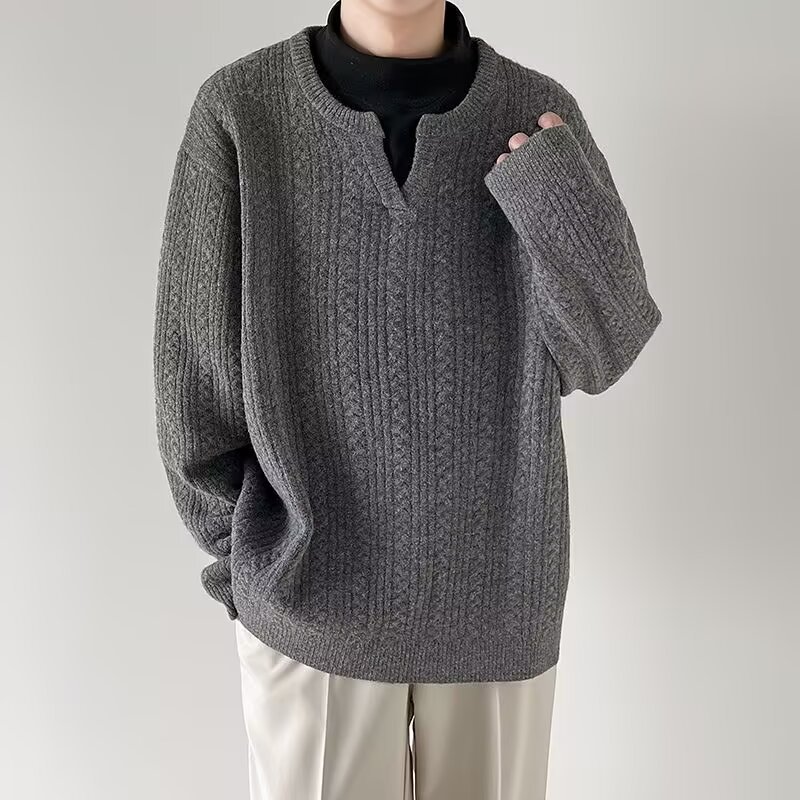 Pull en tricot à col en v pour homme en mélange coton hiver_voghion.com