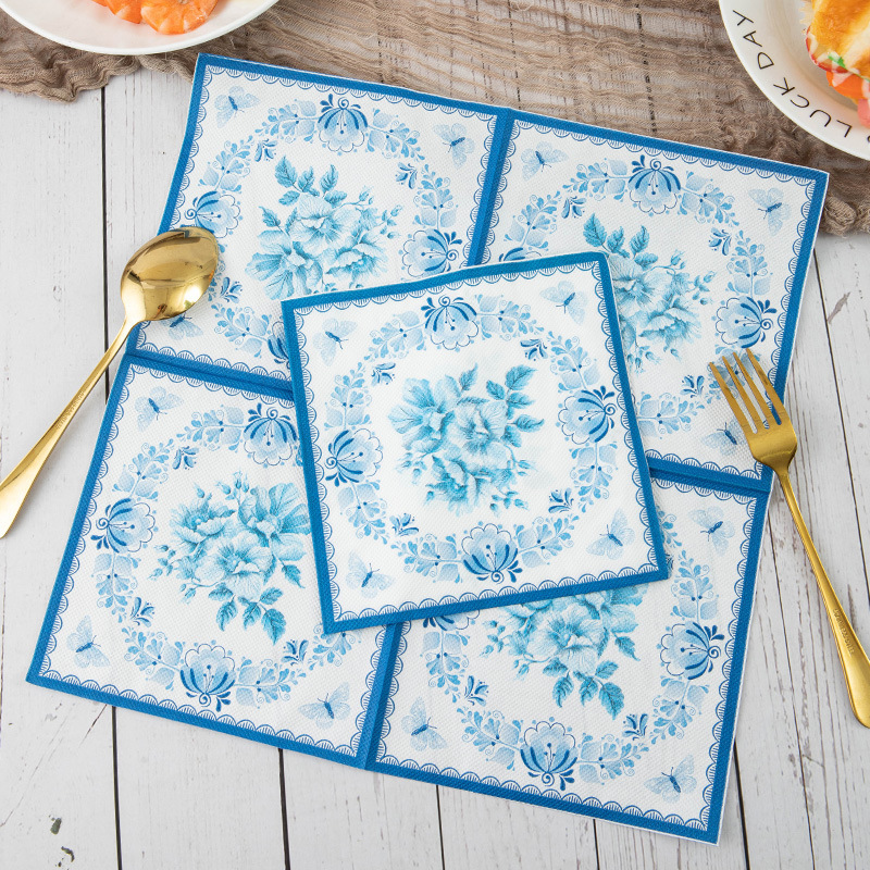 Cross-border retro printing paper towel blue flower series color napkin kitchen table decoration small paper towel wholesale Cross-border retro printing paper towel blue flower series color napkin kitchen table decoration small paper towel wholesale