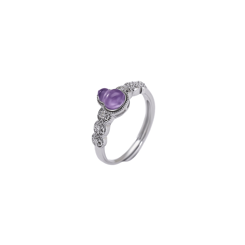 Nhẫn bạc S925 mạ vàng đính đá thạch anh tím hình bầu rỗng — Kiểu màu bạc