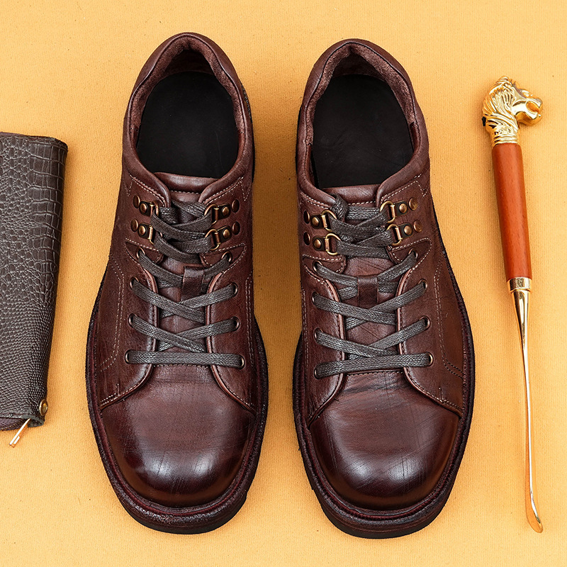 【5天发货】商务休闲马皮鞋真皮复古做旧手磨纹固特异运动风男鞋