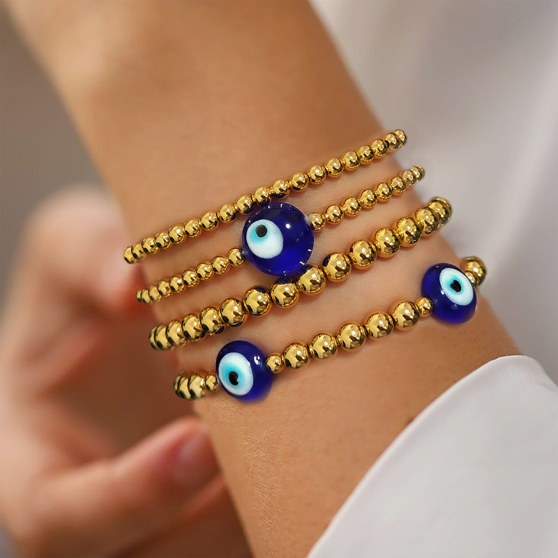 European and American Ethnic Style Turkish Evil Eye Totem Multi-Layer Stacked 18K Copper Plated Real Gold Beaded Stony Rope Bracelet for Women European and American Ethnic Style Turkish Evil Eye Totem Multi-Layer Stacked 18K Copper Plated Real Gold Beaded Stony Rope Bracelet for Women