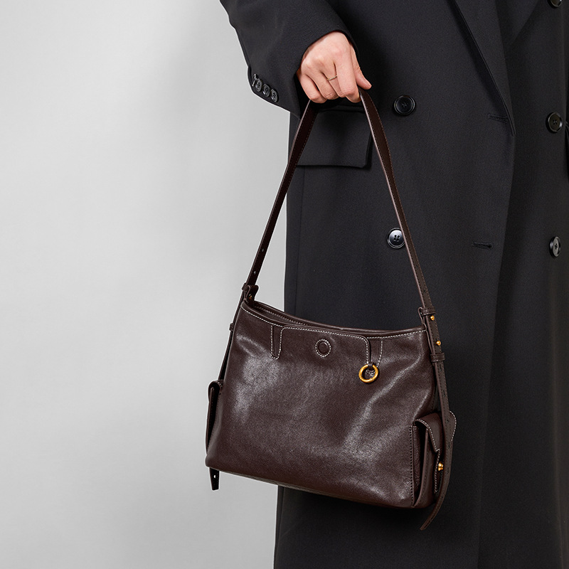 Women's Large Capacity Tote Bag Commuter Handbag Genuine Leather Underarm Bag Cowhide Crossbody Bag Niche Design Hobo Bag - Thumbnail 2