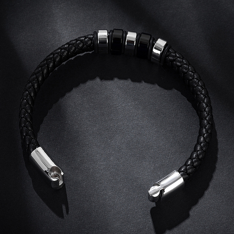 Business Occasion Fashion Geometric Stainless Steel Pu Leather Knitting Unisex Bracelets