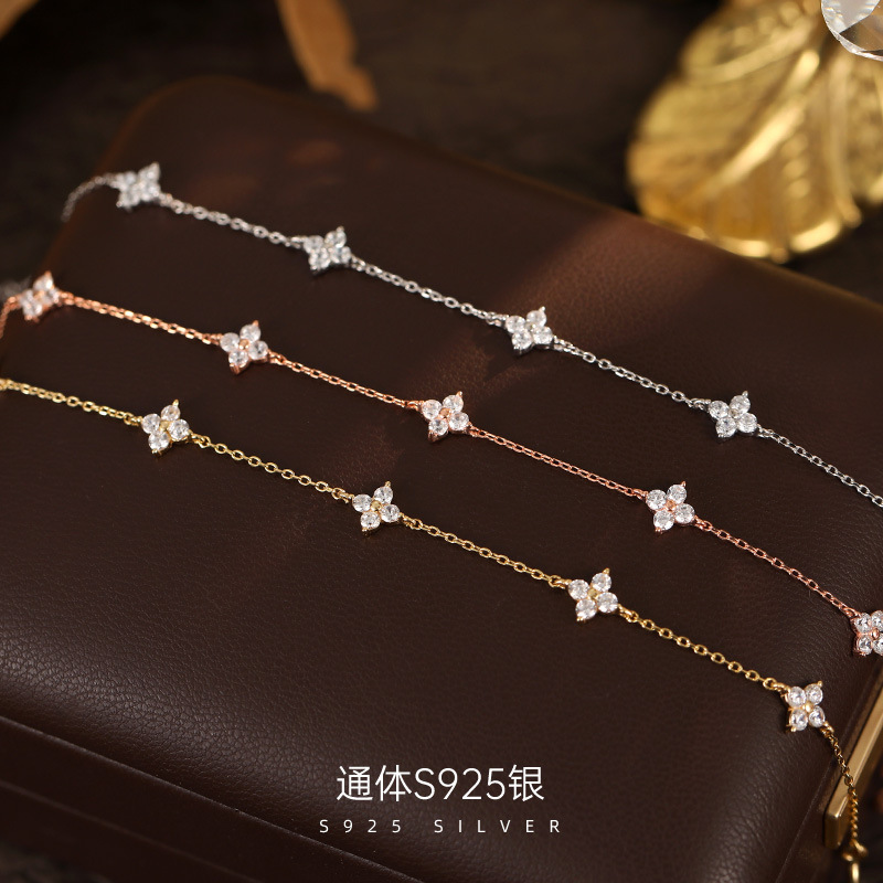S925 Silver Baby's Breath Clover Bracelet for Women 2025 Internet Celebrity K Gold Plated Light Luxury Niche Exquisite Jewelry