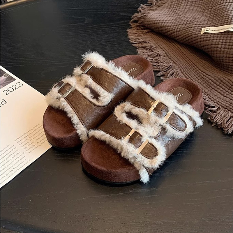 Madre de uva ~ doble botón con una parte inferior gruesa perezosa de dedos de pelo abiertos zapatillas de invierno para mujeres