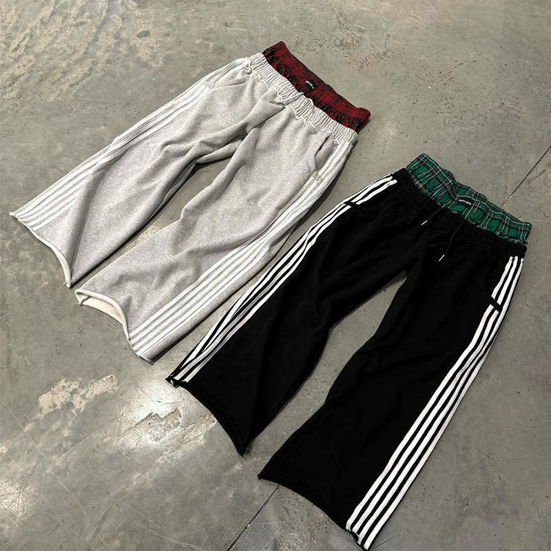 OEM Custom Double-Waist Plaid Trimmed Striped Sweatpants, Oversized Wide-Leg Loose Street Style Vintage Jogger Pants for Men OEM Custom Double-Waist Plaid Trimmed Striped Sweatpants, Oversized Wide-Leg Loose Street Style Vintage Jogger Pants for Men