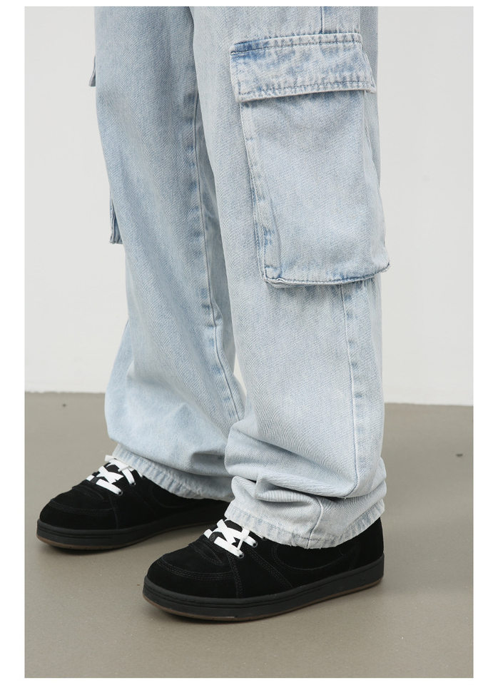 Quần jean nam ống rộng ống đứng dáng suông, vải denim giặt cổ điển, nhiều túi — Màu xanh lam chi tiết 16