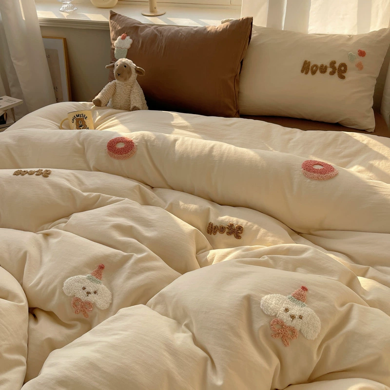 Four-Piece Embroidered Bedding Set, Soft Sweet Dessert Design, Spring–Summer, Multiple Sizes
