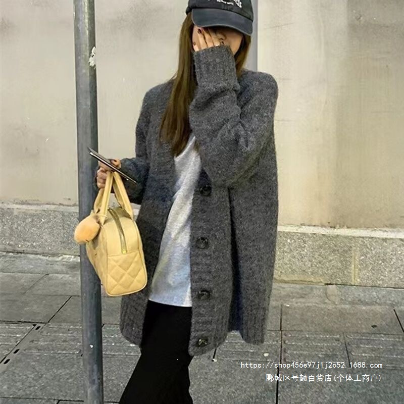 Relaxed-fit retro spring and autumn outerwear, knitted cardigan, solid-color, versatile top, mid-length cardigan