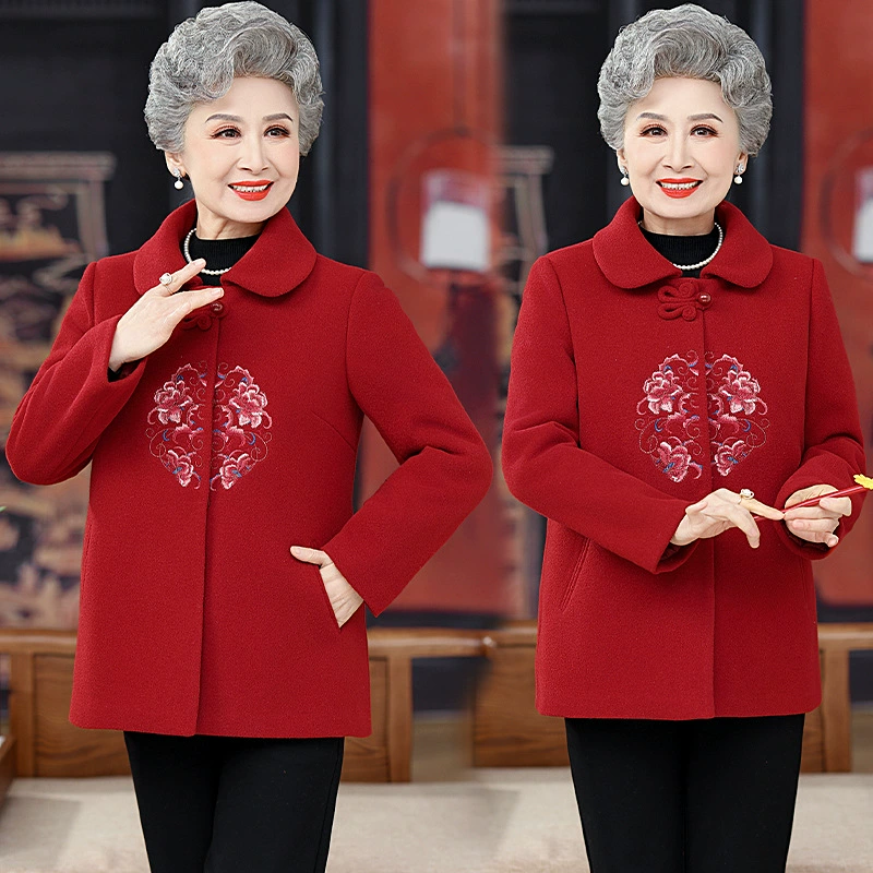 Пожилые весенние платья бабушки красный китайский свитер шерстяное пальто