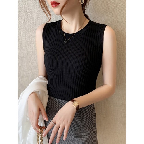 Black Strap Tank Top for Women, New Style Outerwear, Tight Short-Sleeve Sheer Knit Shirt, No-Sleeve Top for Women