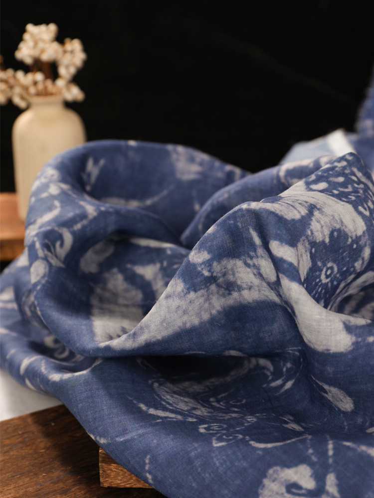 布久以逅仙女超仙森系蓝色民族风印花半身裙布料休闲上衣料  欧蒂