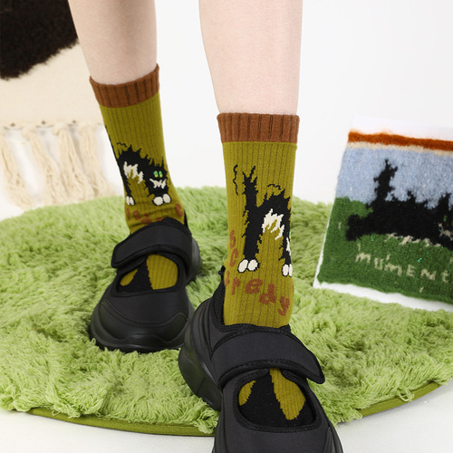 Spring and Autumn New Product Ladies Fried Cat Cute Cartoon Socks Non-slip Sweat Absorbent Deodorant Mid-Tube Home Floor Socks