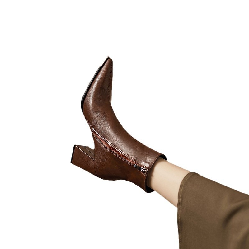ShoeVault Pointed High For Women 2024 Soft Leather Autumn Winter New Metal Toe Martin Chunky Heel Ankle Single Boots_vogvips.com