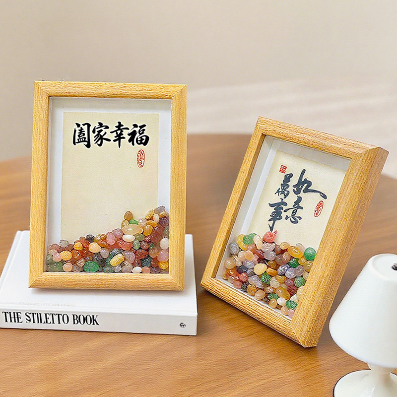 Simple Hollow Wooden Photo Frame Natural Crystal Ore Gemstone Photo Frame Picture Frame Ornaments Table Creative Warm Home Photo Frame