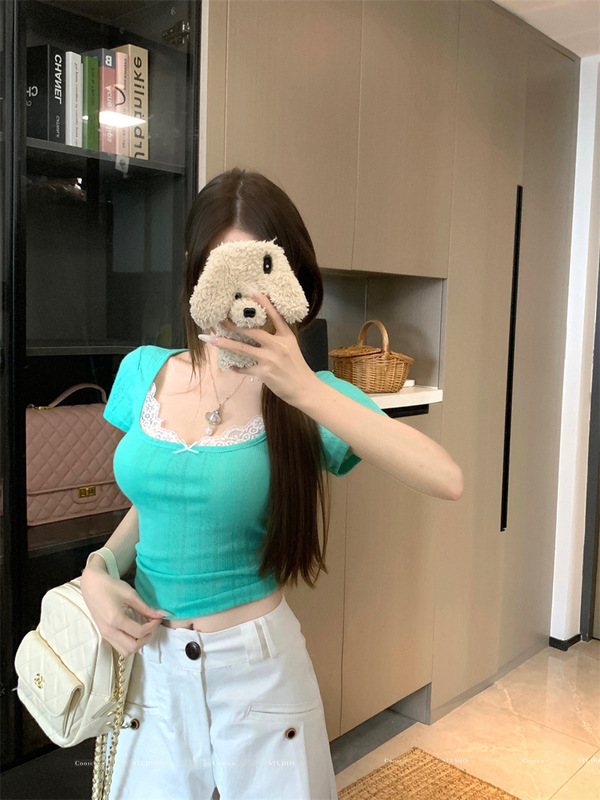 Lace Splicing Fake Two-Piece Short-Sleeved T-Shirt for Women Summer Pure Lust Green Square Collar Tight Waist Short Crop Top