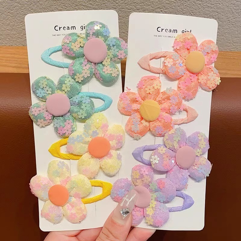 2 Pack Quantity Kid'S Sweet Flower Cloth Sequins Net Yarn Hair Clip