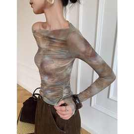 山力达迪 扎染一字肩长袖网纱T恤女年春季新款打底衫防晒