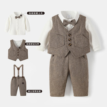 儿童背带裤套装秋冬新款帅气加绒保暖婚礼花童宝宝周岁礼服三件套