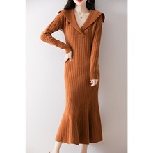 新款时尚秋冬羊毛裙女翻领连衣裙长裙气质打底鱼尾裙羊绒毛衣收腰
