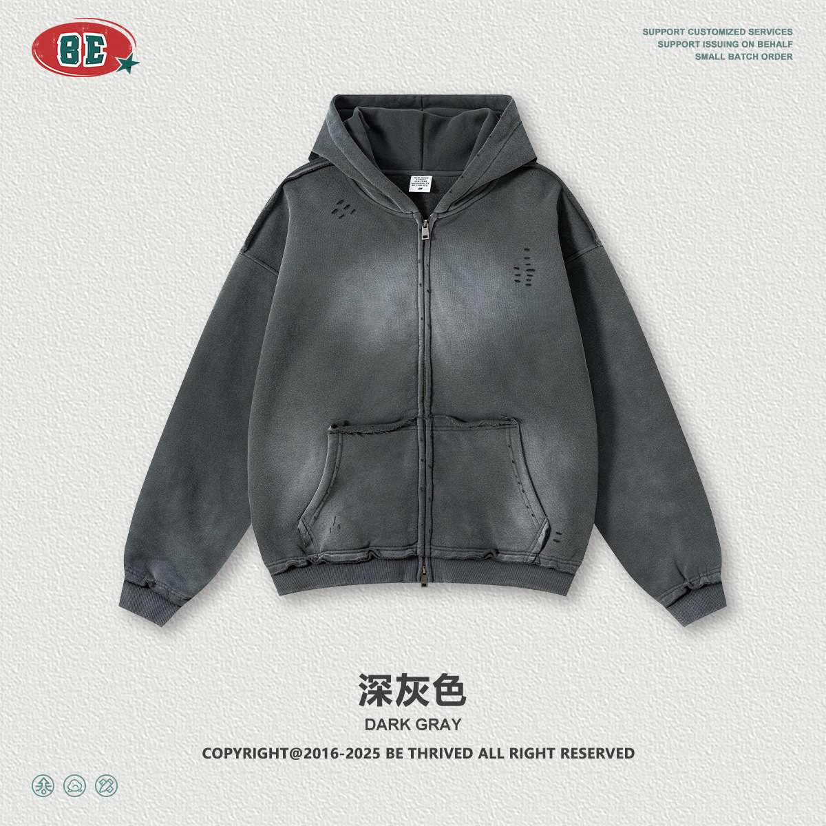 BE ropa de hombre | 2025 otoño marca de moda estadounidense suéter con capucha de calle alta chaqueta de punto con cremallera de borde suelto de mono en aerosol hombre