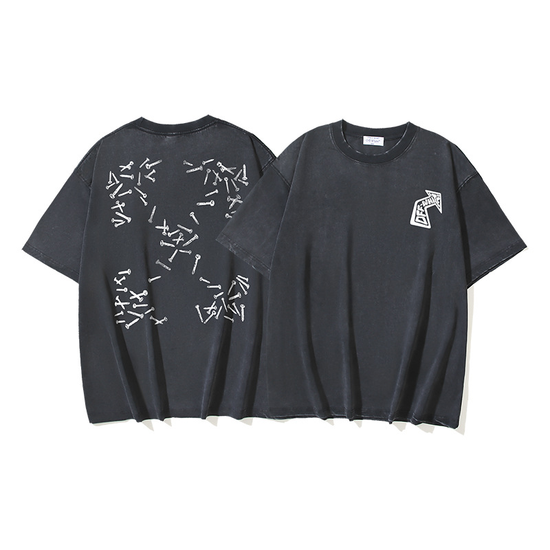 Verano nuevo OFF-WHITE lavado y desgastado doble hilo pesado ángel rojo anciano religioso estampado camiseta de manga corta hombre