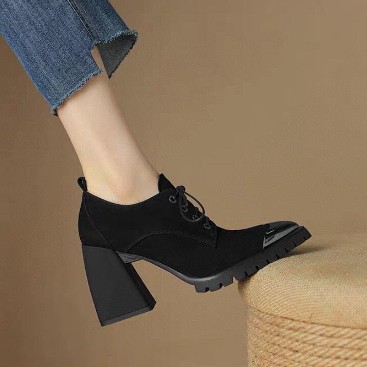 6636 Broken Size 34.39 Size Metallic Pointed Thick Heel Lace-up Shoes British Retro Black Women's Shoes High Heels