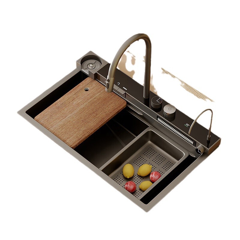 Fregadero de cocina de acero inoxidable 304 de 5 mm de grosor con desagüe lateral tipo panal, pantalla digital de funciones completas y un solo tanque grande.