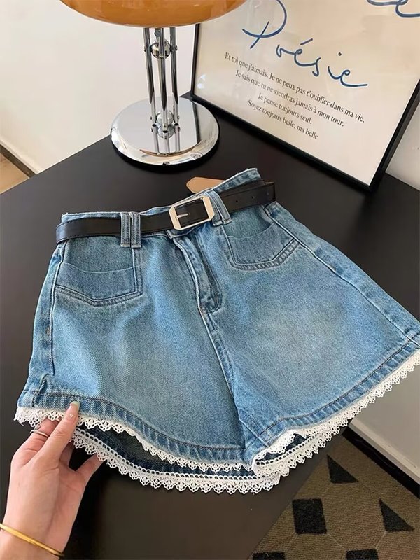 ブルーレースハイウエストデニムショートパンツ女性の夏の新しい大きいサイズカジュアルルーズ痩身ワイドレッグAラインパンツ|undefined