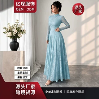 来图定制女装欧美外贸秋冬蕾丝晚礼服修身显瘦长款派对连衣裙