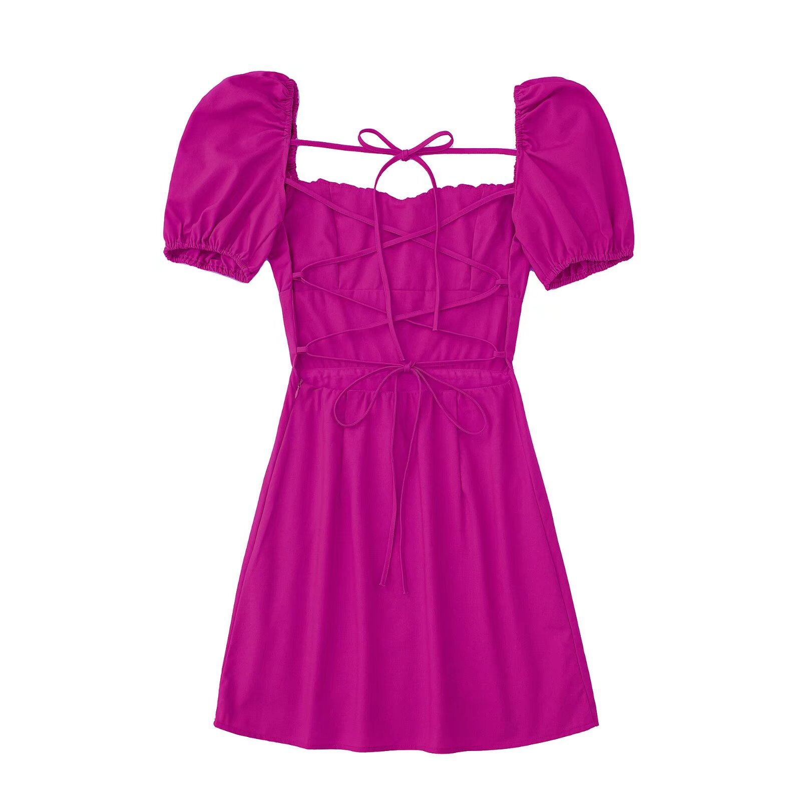364g Weight Short Mini Dress Dress Length Type Short Sleeve Sleeve Length Princess Dress Dresses Type Puff Sleeve Sleeve Type Cotton Blend Fabric Type Mid Waist Waist Line Holiday, Daily Occasion Square Neck Neckline Slim Fit Type Solid Color Pattern Summer Season Women's Gender Elegant, Streetwear Style Black Color 6562 Spring New Women's Clothing European And American Square Collar Pure Color All-Matching Puff Sleeve Back Lace-up Backless Dress Short Skirt 3