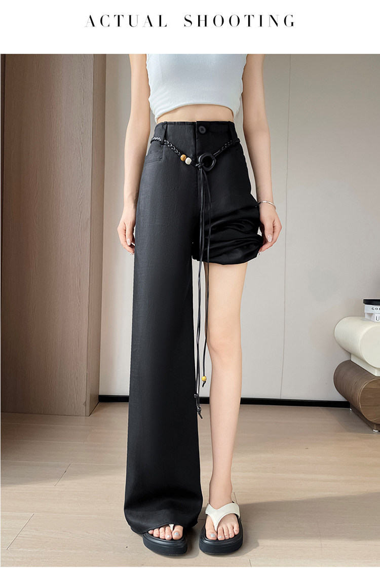 Quần culottes nữ ống rộng vải lanh cạp cao thắt lưng bản to — Màu đen thông thường chi tiết 32