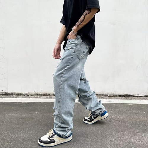 Men's Ripped Denim Jeans with Western Vibe, Cool and Casual Straight Leg Pants, Summer American High Street Style, Instagram Retro Trendy Pants