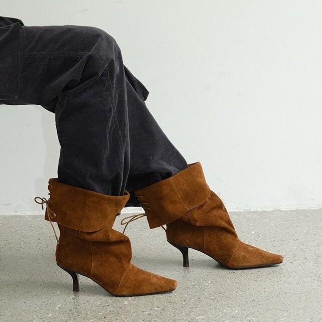 Top-Quality Brown Pointed-Toe Short Boots for Women, New Spring/Summer Style, Leather Ruched High-Heeled Boots Top-Quality Brown Pointed-Toe Short Boots for Women, New Spring/Summer Style, Leather Ruched High-Heeled Boots