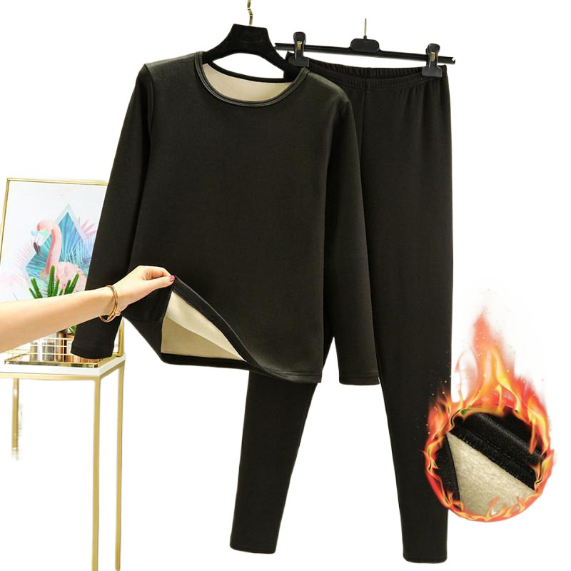 가을과 겨울 독일 벨벳 열 속옷 여성용 기모 두꺼운 내복 가을 옷과 바지 샌딩 난방 플러스 사이즈 내부 투피스 세트