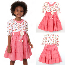 新女童花卉拼接连衣裙立体花朵装饰多层荷叶边甜美公主风裙装裙摆