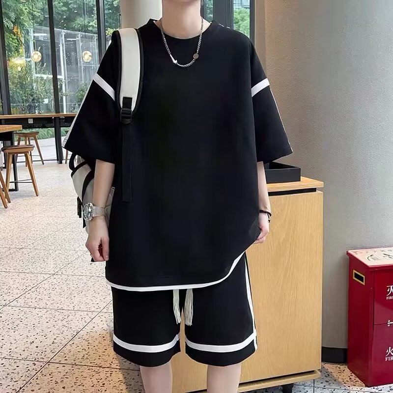 in stock Wholesale Hong Kong Style Men's Summer suit Youth Leisure Loose T-shirt Fashion Brand Leisure Sports Summer suit