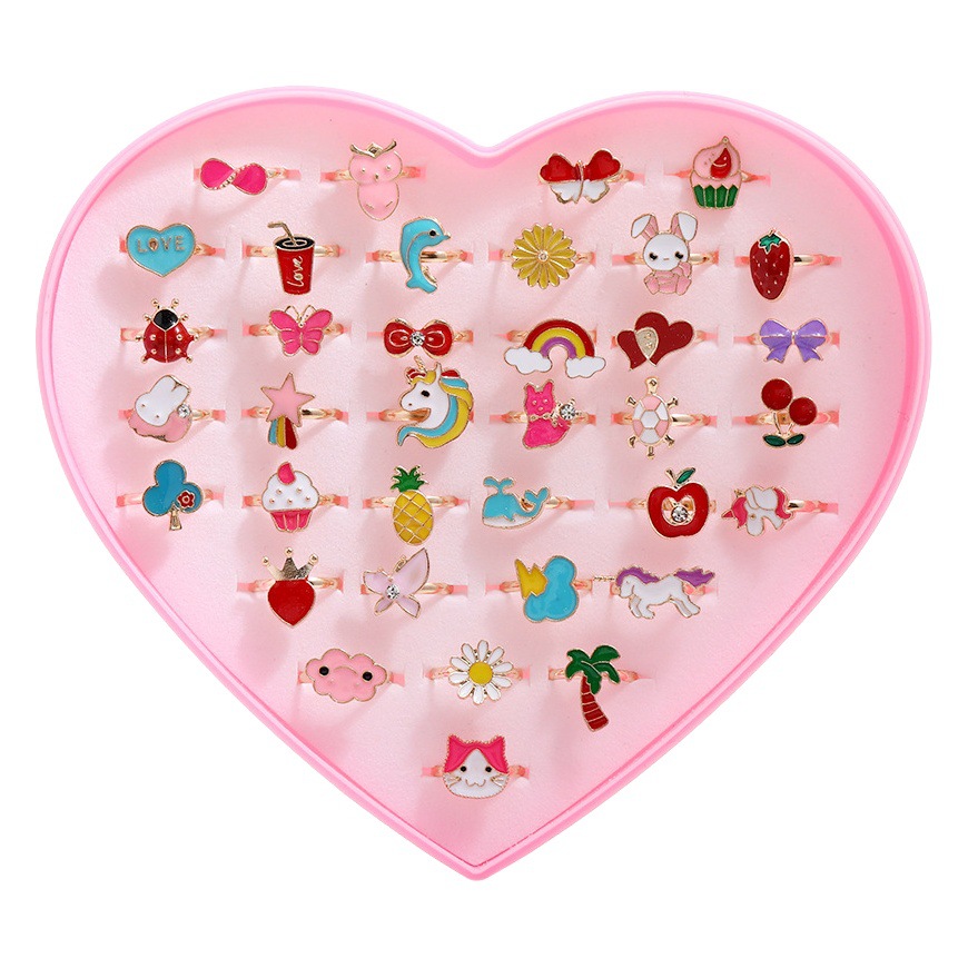 Cross-Border Hot-Selling Kidsren's Ring Alloy Dripping Oil Cartoon Cute Princess Jewelry Beautiful Hand Jewelry Mixed Style 36 Pieces 1 Box