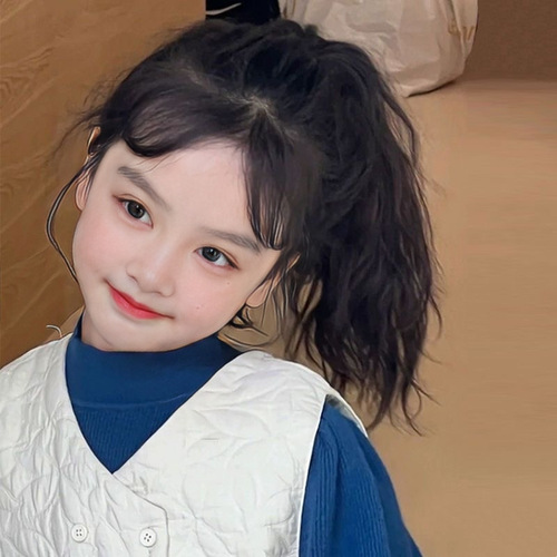 Children's wig, female clip-on simulated hair, cloud perm, curly hair, high ponytail, photo props, ponytail braid