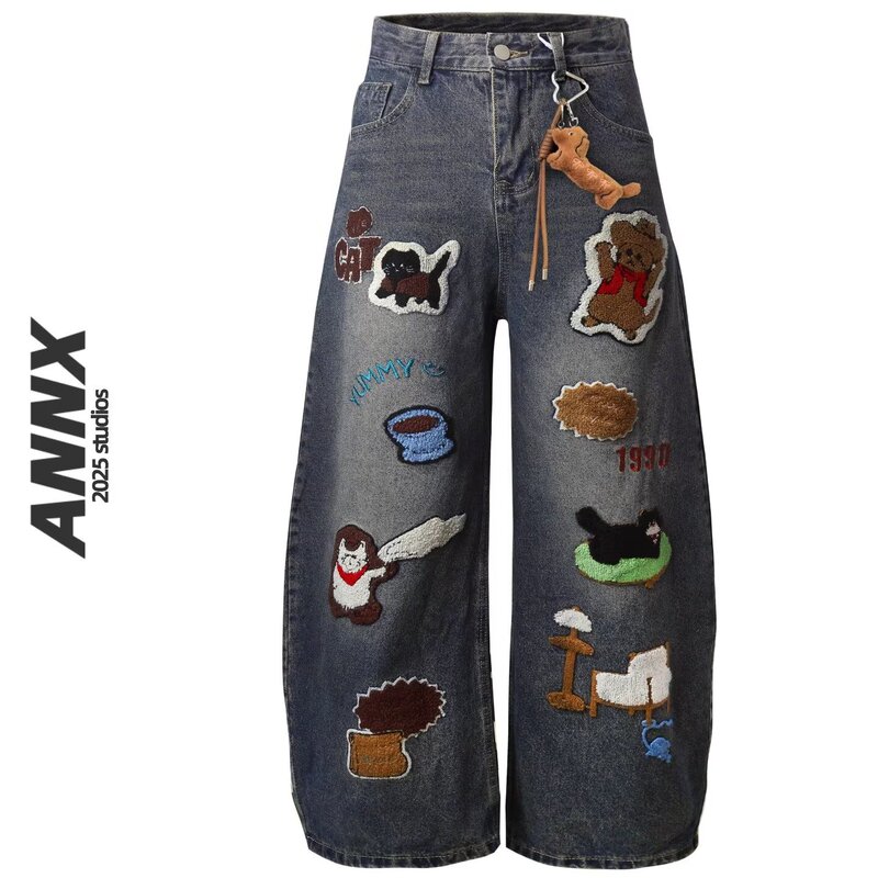 Spring and Autumn Embroidered Fun Cartoon Washed Straight-Leg Jeans Loose Bf with Pendant Trendy Street Floor-Length Pants