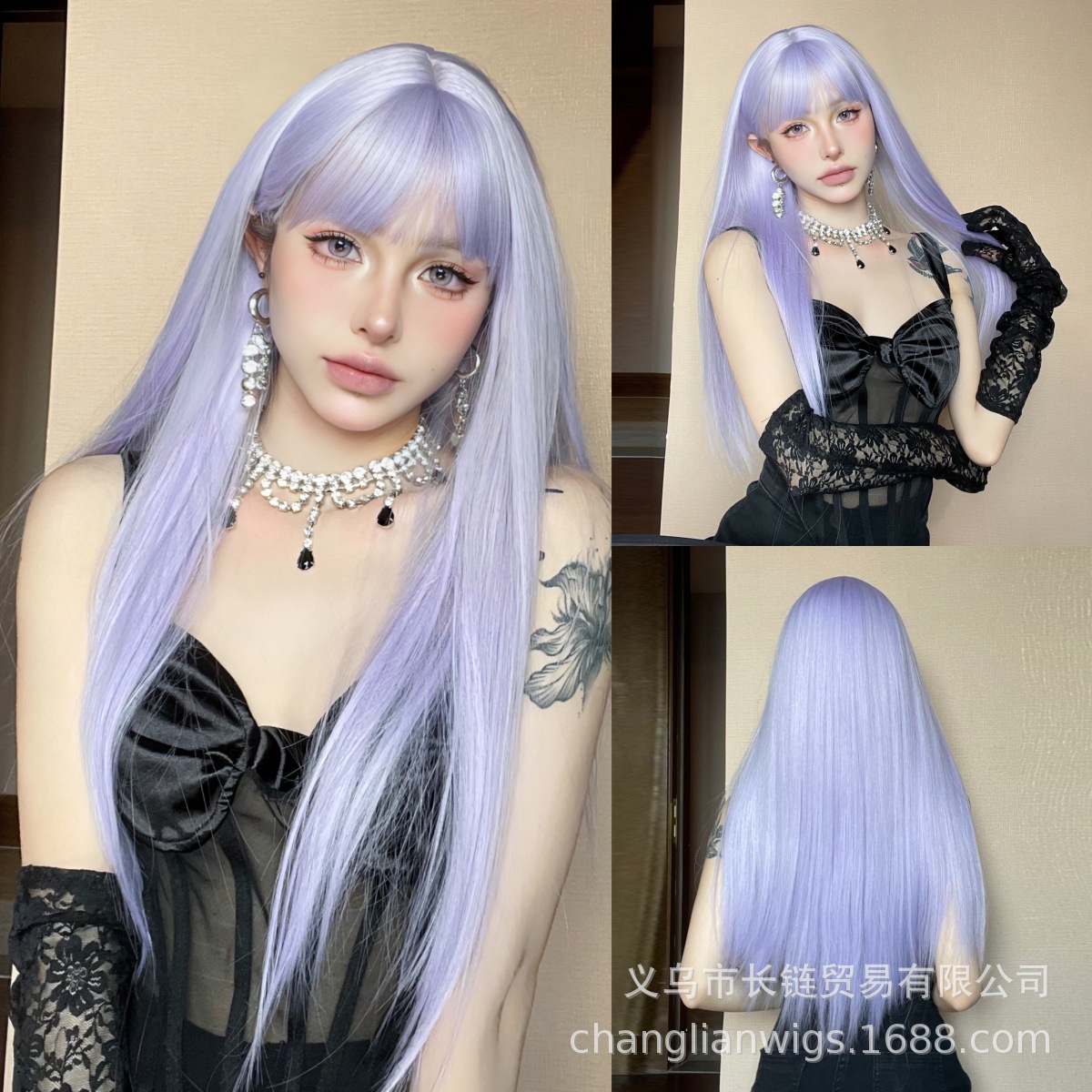 Peluca para mujer, estilo primer amor, negra larga y lisa con flequillo, fibra de alta temperatura, gorro de red rosa, peluca completa, peluca de fibra sintética para mujer, venta al por mayor en stock.