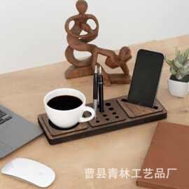 创意木质多功能收纳架办公室桌面杯托笔筒手机支架一体式置物架