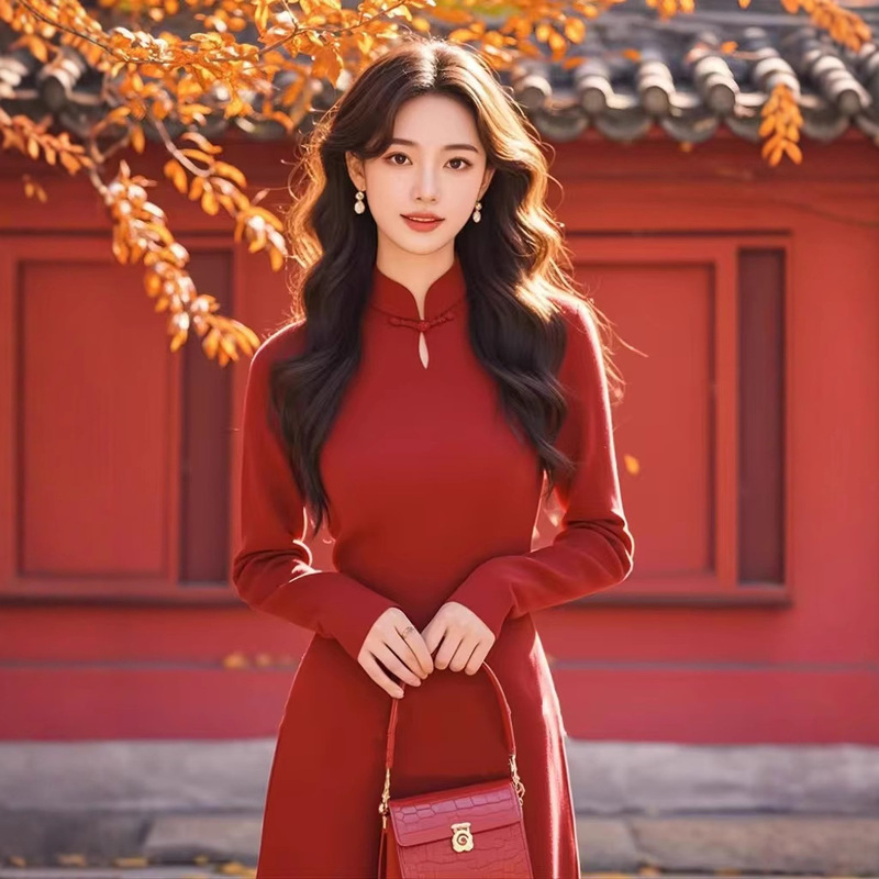 New Chinese-style Red Knitted dress Autumn and Winter Elegant Ladies Wind Pear-shaped Body Black Tea-style Inner Long Dress New Chinese-style Red Knitted dress Autumn and Winter Elegant Ladies Wind Pear-shaped Body Black Tea-style Inner Long Dress