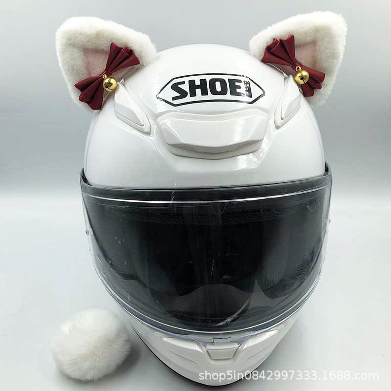 Motuoche Helmet Decoration Cat Ears Bear Ears Motorcycle Helmet Modification (Auto Parts and Accessories) - black-and-pink-pointed-ears-with-red-bow-bell-and-tail