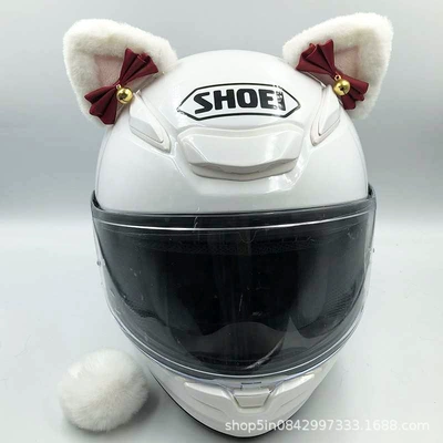 Personalized Helmet Decoration with Cat Ears, 3D Bear Ears, Motorcycle and Electric Vehicle Rider Ski Helmet Modification with Bow (Motosiklet dəbilqələri) - white-pink-pointed-ears-with-red-bow-bells-and-tail