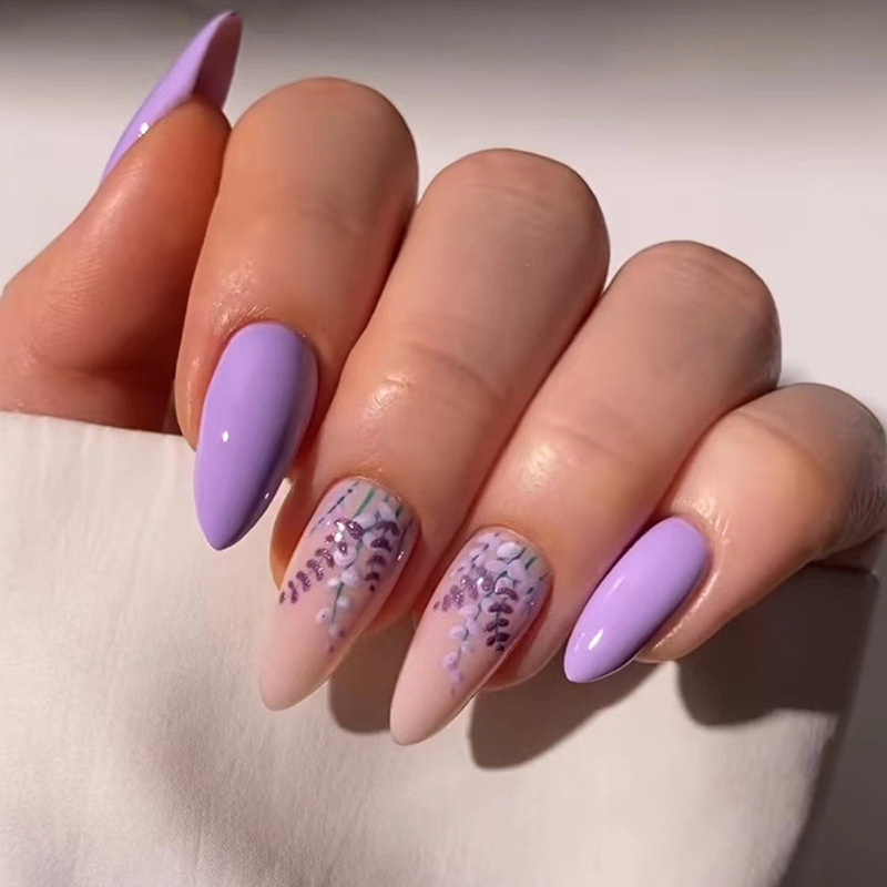 Purple Flower Wear Nail Piece Almond Fake Nail Almond Armor Short Cute Nail Patch Nail Piece 30 Pieces