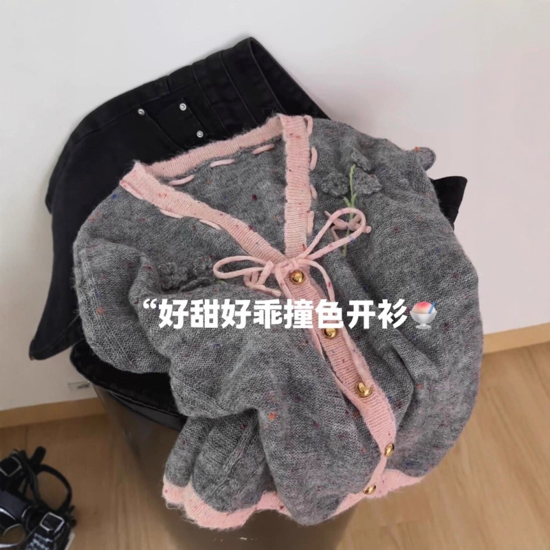 原创设计！高品质不撞衫时尚韩版花灰点子纱撞色针织开衫女百搭|undefined