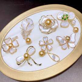 新款天然珍珠金珠胸针饰品女母贝气质胸花西服别针设计感配饰